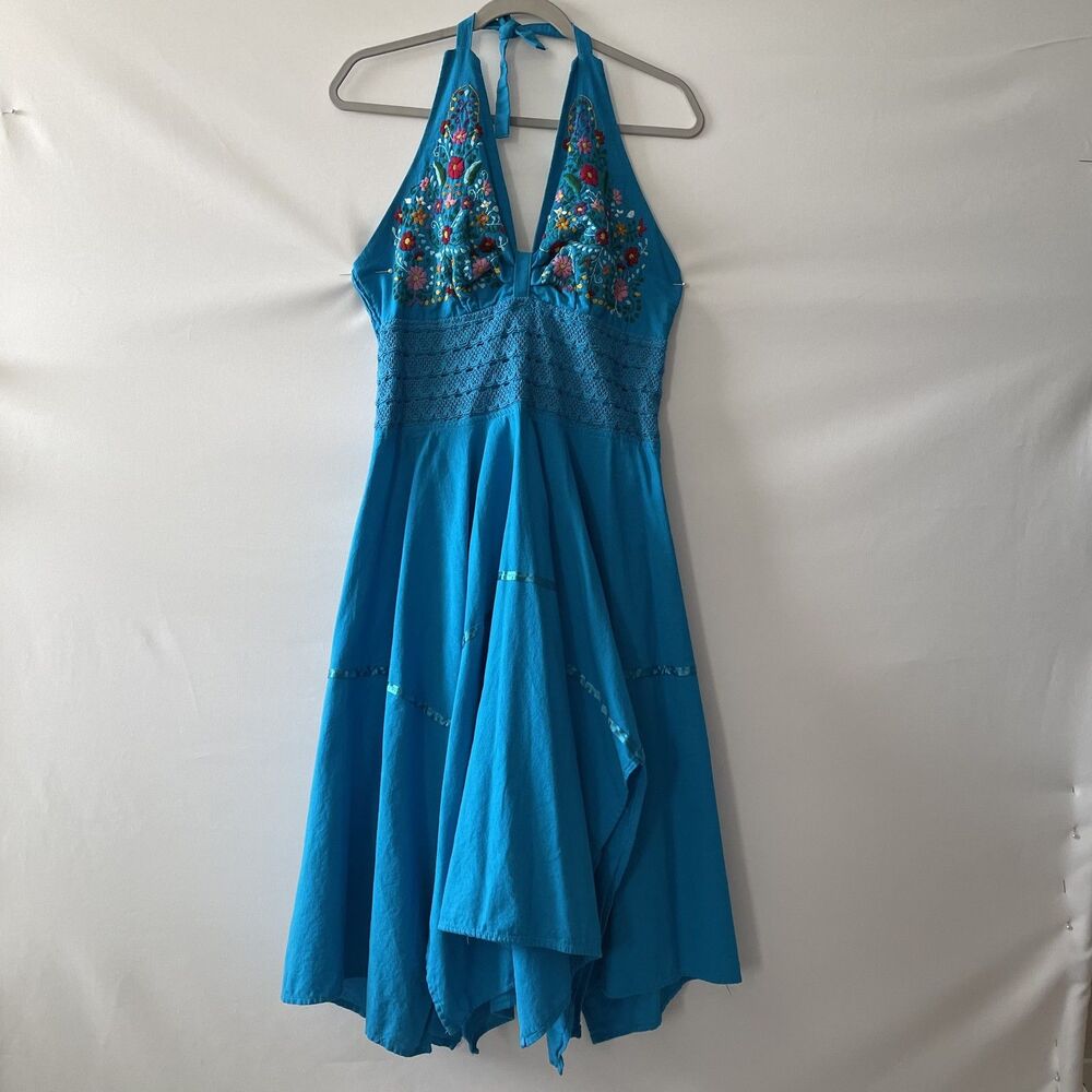 Boho Halter Dress Blue Floral Embroidered Asymmetrical Festival One Size